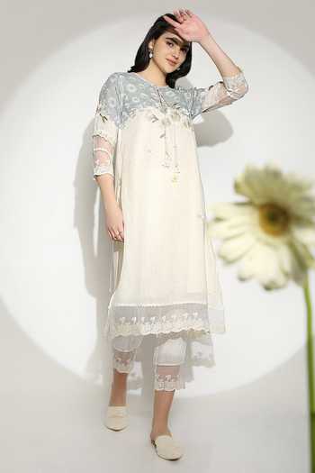 Shop_Kaveri_Off White Linen Tassels, Lace Round Curved Fly Free Embroidered Tunic And Pant Set _Online_at_Aza_Fashions