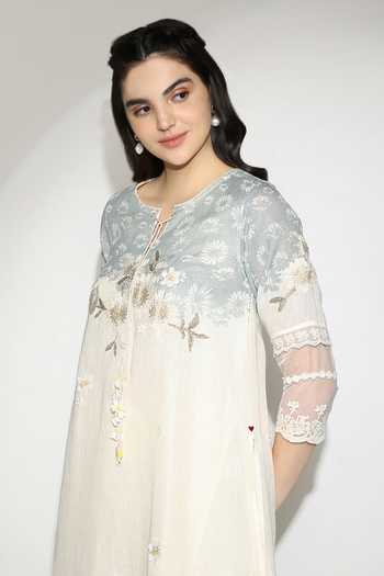 Kaveri_Off White Linen Tassels, Lace Round Curved Fly Free Embroidered Tunic And Pant Set _at_Aza_Fashions