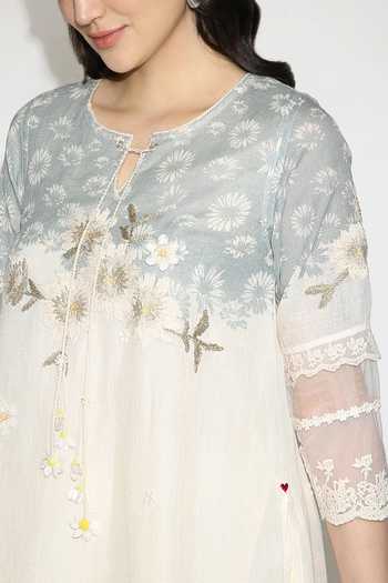 Buy_Kaveri_Off White Linen Tassels, Lace Round Curved Fly Free Embroidered Tunic And Pant Set 