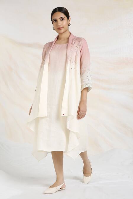 Kaveri_Pink Linen Crystals, Studs, Pearls Round Mykonos Embellished Jacket And Dress Set _Online_at_Aza_Fashions