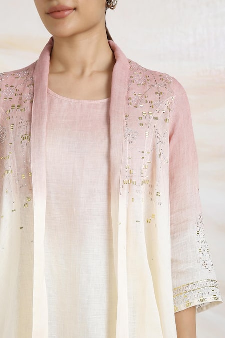 Shop_Kaveri_Pink Linen Crystals, Studs, Pearls Round Mykonos Embellished Jacket And Dress Set _Online_at_Aza_Fashions
