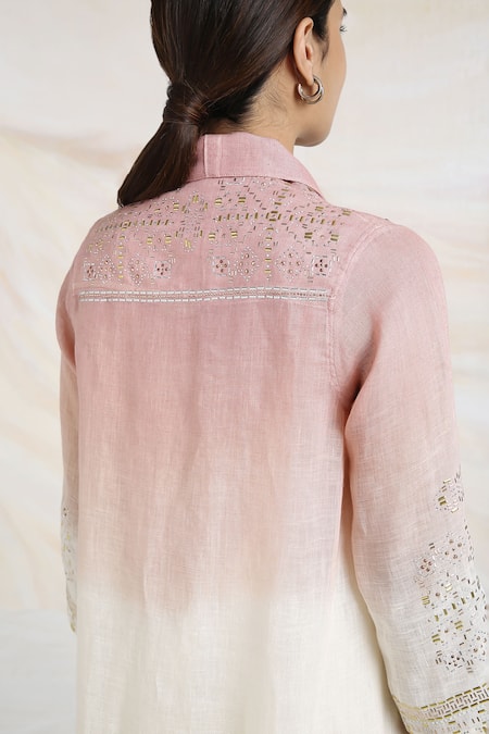 Kaveri_Pink Linen Crystals, Studs, Pearls Round Mykonos Embellished Jacket And Dress Set _at_Aza_Fashions