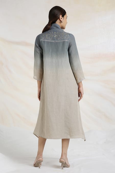 Shop Kaveri Green Linen Crystals, Studs, Pearls Round Embellished Ombre Jacket And Dress Set at Aza Fashions Shop_Kaveri_Green Linen Crystals, Studs, Pearls Round Embellished Ombre Jacket And Dress Set _at_Aza_Fashions