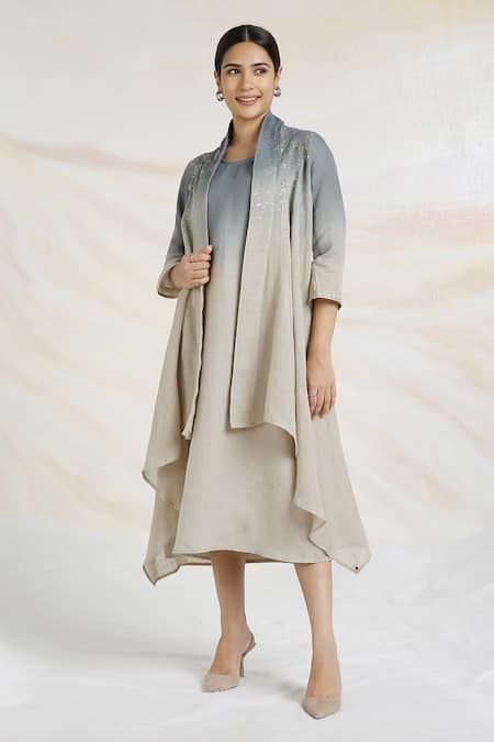 Kaveri Green Linen Crystals, Studs, Pearls Round Embellished Ombre Jacket And Dress Set Online at Aza Fashions Kaveri_Green Linen Crystals, Studs, Pearls Round Embellished Ombre Jacket And Dress Set _Online_at_Aza_Fashions