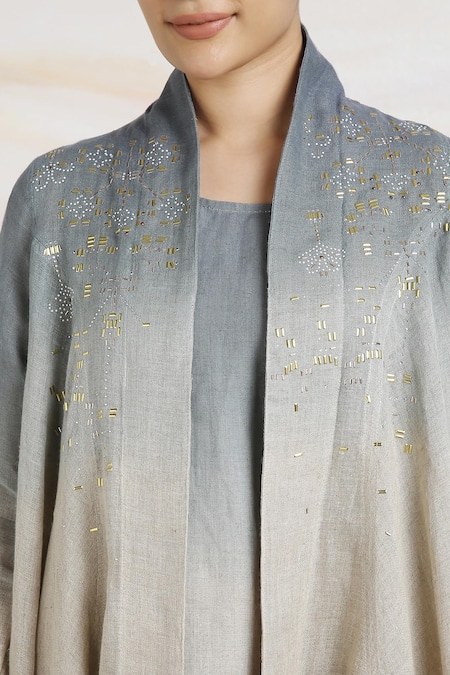 Shop Kaveri Green Linen Crystals, Studs, Pearls Round Embellished Ombre Jacket And Dress Set Online at Aza Fashions Shop_Kaveri_Green Linen Crystals, Studs, Pearls Round Embellished Ombre Jacket And Dress Set _Online_at_Aza_Fashions