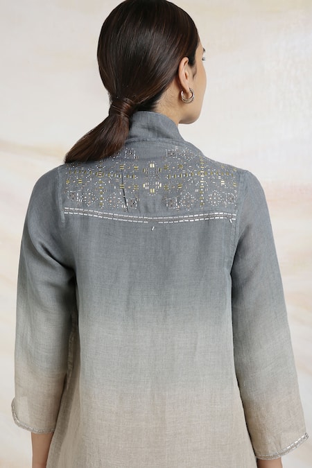 Kaveri Green Linen Crystals, Studs, Pearls Round Embellished Ombre Jacket And Dress Set at Aza Fashions Kaveri_Green Linen Crystals, Studs, Pearls Round Embellished Ombre Jacket And Dress Set _at_Aza_Fashions