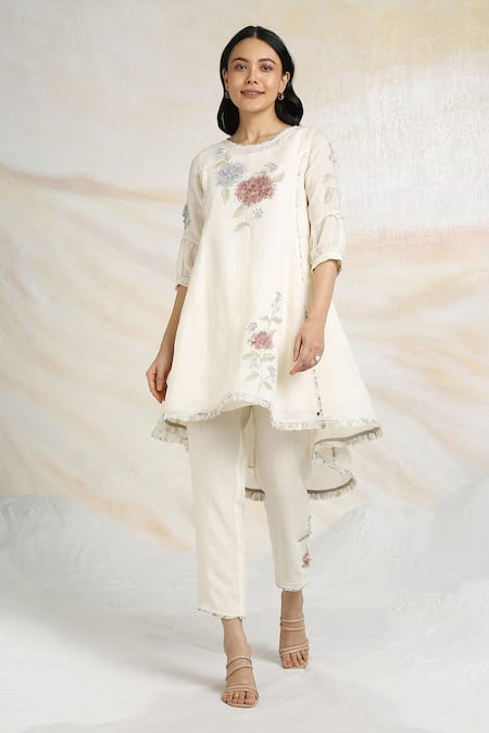 Buy_Kaveri_Off White 100% Linen Printed And Embroidered Ice Cream Cone Tunic  _Online_at_Aza_Fashions