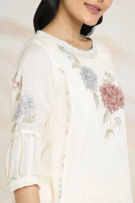 Shop_Kaveri_Off White 100% Linen Printed And Embroidered Ice Cream Cone Tunic  _Online_at_Aza_Fashions