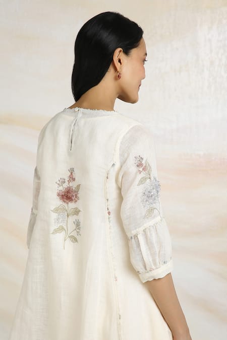 Kaveri_Off White Linen Embroidery Round Neck Ice Cream Cone Printed Tunic And Pant Set _Online_at_Aza_Fashions