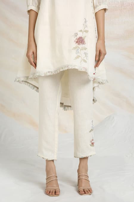Buy_Kaveri_Off White Linen Embroidery Round Neck Ice Cream Cone Printed Tunic And Pant Set _Online_at_Aza_Fashions