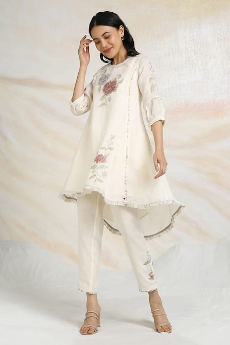 Kaveri_Off White Linen Embroidery Round Neck Ice Cream Cone Printed Tunic And Pant Set _at_Aza_Fashions