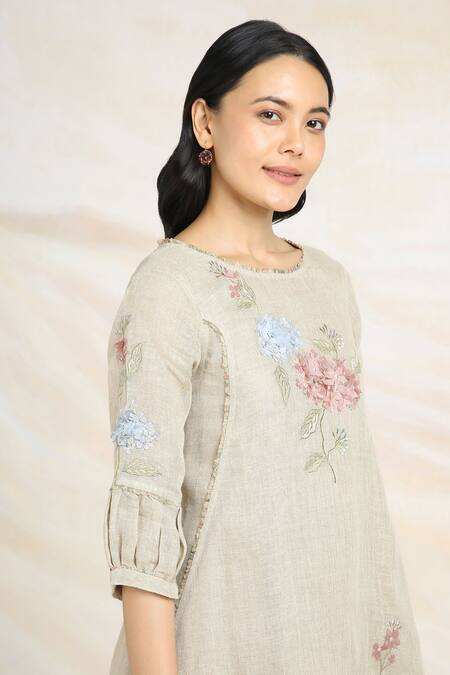 Kaveri_Beige 100% Linen Printed And Embroidered Ice Cream Cone Tunic  _Online_at_Aza_Fashions
