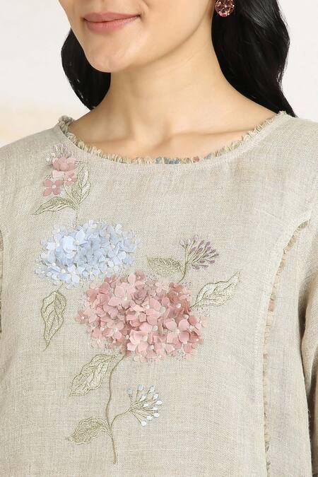 Buy_Kaveri_Beige 100% Linen Printed And Embroidered Ice Cream Cone Tunic  _Online_at_Aza_Fashions