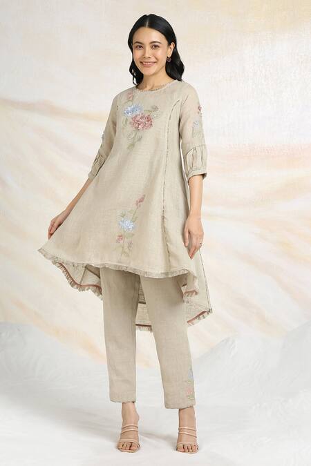 Shop_Kaveri_Beige 100% Linen Printed And Embroidered Ice Cream Cone Tunic  _Online_at_Aza_Fashions