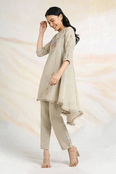 Kaveri_Beige 100% Linen Printed And Embroidered Ice Cream Cone Tunic  _at_Aza_Fashions