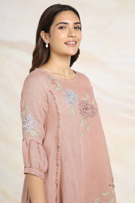 Kaveri_Pink 100% Linen Printed And Embroidered Ice Cream Cone Asymmetric Tunic  _Online_at_Aza_Fashions