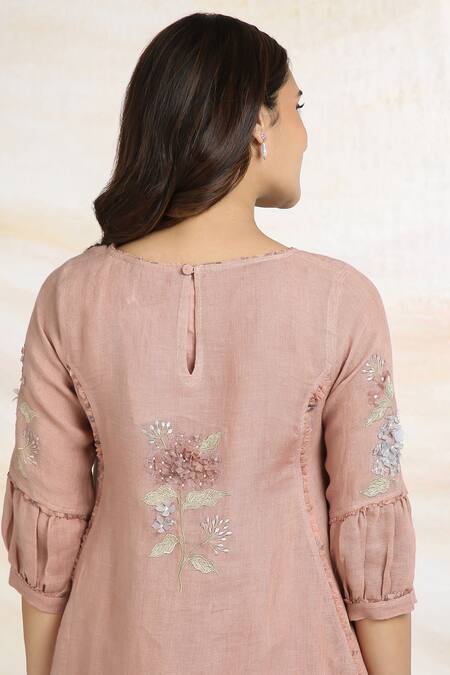 Buy_Kaveri_Pink 100% Linen Printed And Embroidered Ice Cream Cone Asymmetric Tunic  _Online_at_Aza_Fashions