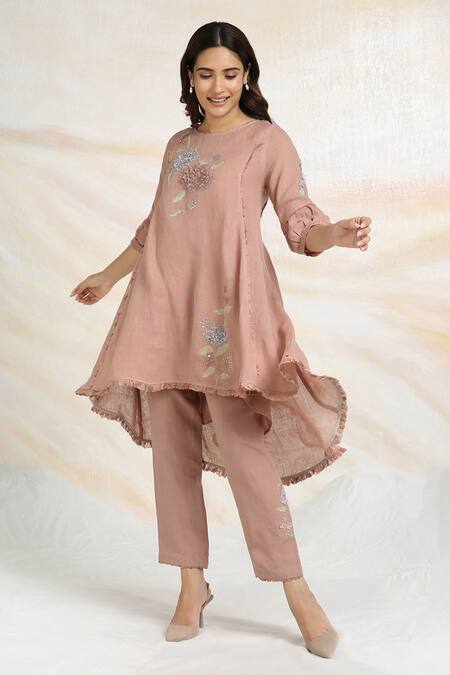 Shop_Kaveri_Pink 100% Linen Printed And Embroidered Ice Cream Cone Asymmetric Tunic  _Online_at_Aza_Fashions