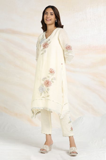 Buy_Kaveri_Off White 100% Linen Printed And Embroidered Fly Free Kurta & Pant Set  _Online_at_Aza_Fashions