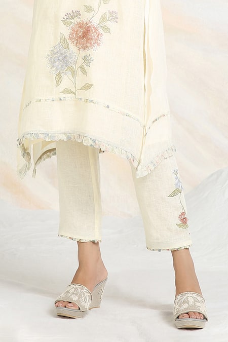 Shop_Kaveri_Off White 100% Linen Printed And Embroidered Fly Free Kurta & Pant Set  _Online_at_Aza_Fashions