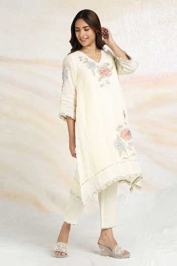Shop_Kaveri_Off White Linen, Silk Organza Fringe, Fly Free Printed Kurta Pant Set _Online_at_Aza_Fashions