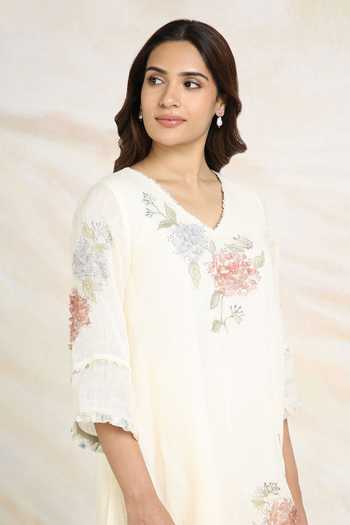 Kaveri_Off White Linen, Silk Organza Fringe, Fly Free Printed Kurta Pant Set _at_Aza_Fashions