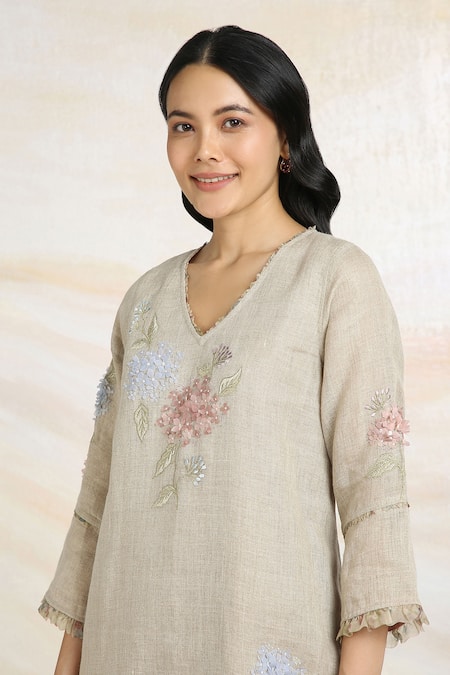 Buy_Kaveri_Beige 100% Linen Printed And Embroidered Hydrangeas Fly Free Kurta  _Online_at_Aza_Fashions