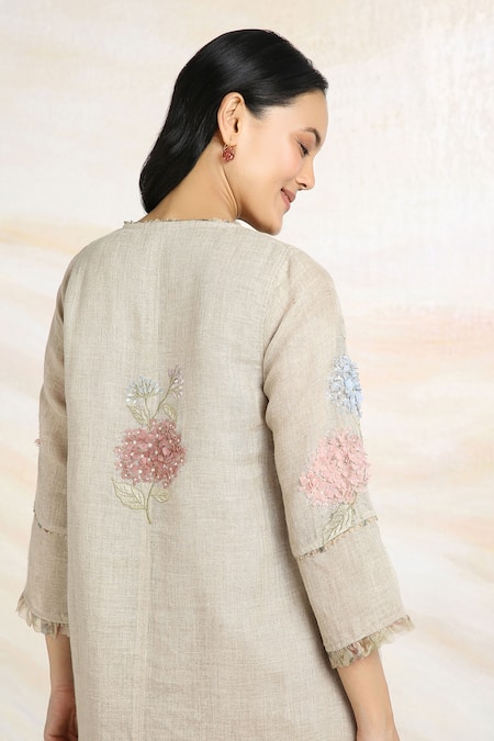 Shop_Kaveri_Beige 100% Linen Printed And Embroidered Hydrangeas Fly Free Kurta  _Online_at_Aza_Fashions
