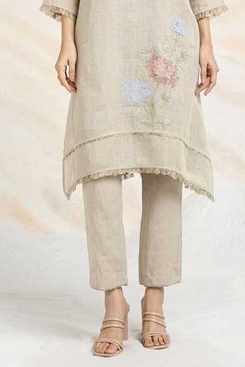 Buy_Kaveri_Beige 100% Linen Printed And Embroidered Fly Free Kurta & Pant Set  _Online_at_Aza_Fashions