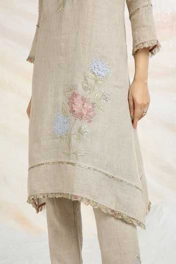 Buy_Kaveri_Beige 100% Linen Printed And Embroidered Fly Free Kurta & Pant Set  