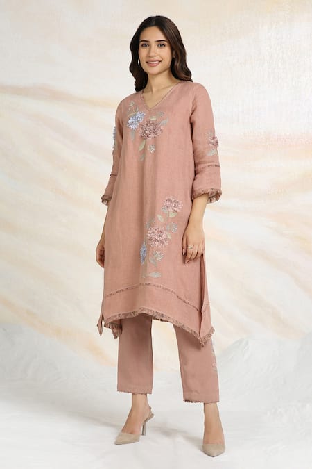 Kaveri Pink Linen, Silk Organza Embroidery, Applique, Tassels Fly Free Kurta Pant Set Online at Aza Fashions Kaveri_Pink Linen, Silk Organza Embroidery, Applique, Tassels Fly Free Kurta Pant Set _Online_at_Aza_Fashions