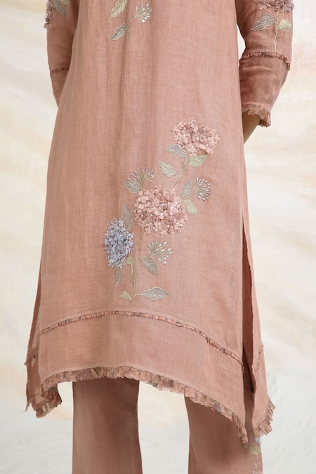 Kaveri Pink Linen, Silk Organza Embroidery, Applique, Tassels Fly Free Kurta Pant Set at Aza Fashions Kaveri_Pink Linen, Silk Organza Embroidery, Applique, Tassels Fly Free Kurta Pant Set _at_Aza_Fashions