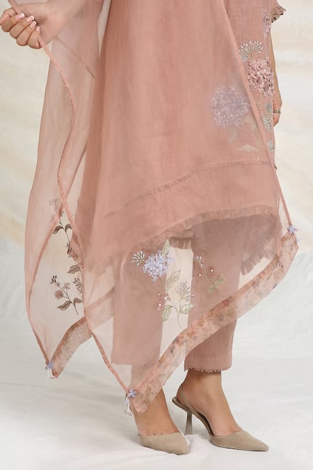 Buy Kaveri Pink Linen, Silk Organza Embroidery, Applique, Tassels Fly Free Kurta Pant Set Buy_Kaveri_Pink Linen, Silk Organza Embroidery, Applique, Tassels Fly Free Kurta Pant Set