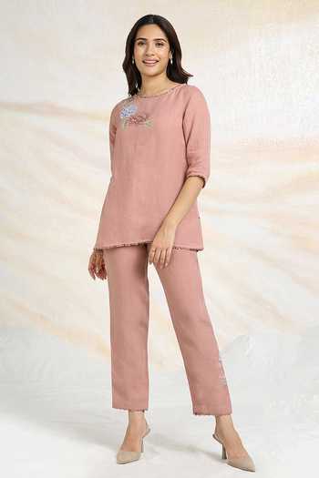 Kaveri_Pink Linen Embroidery Round Neck Hydrangeas Print And Applique Top & Pant Set _Online_at_Aza_Fashions
