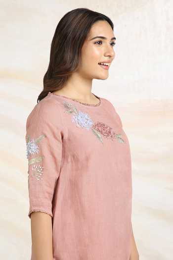 Buy_Kaveri_Pink Linen Embroidery Round Neck Hydrangeas Print And Applique Top & Pant Set _Online_at_Aza_Fashions