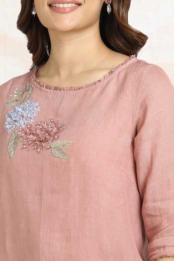Shop_Kaveri_Pink Linen Embroidery Round Neck Hydrangeas Print And Applique Top & Pant Set _Online_at_Aza_Fashions
