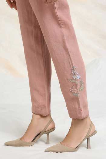 Kaveri_Pink Linen Embroidery Round Neck Hydrangeas Print And Applique Top & Pant Set _at_Aza_Fashions