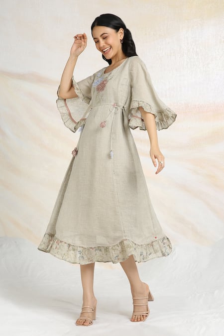Kaveri_Beige Linen Tassels Round Neck Bed Of Roses Embroidered Dress _Online_at_Aza_Fashions