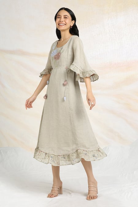 Buy_Kaveri_Beige Linen Tassels Round Neck Bed Of Roses Embroidered Dress _Online_at_Aza_Fashions