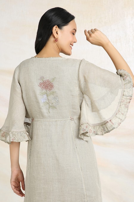 Kaveri_Beige Linen Tassels Round Neck Bed Of Roses Embroidered Dress _at_Aza_Fashions