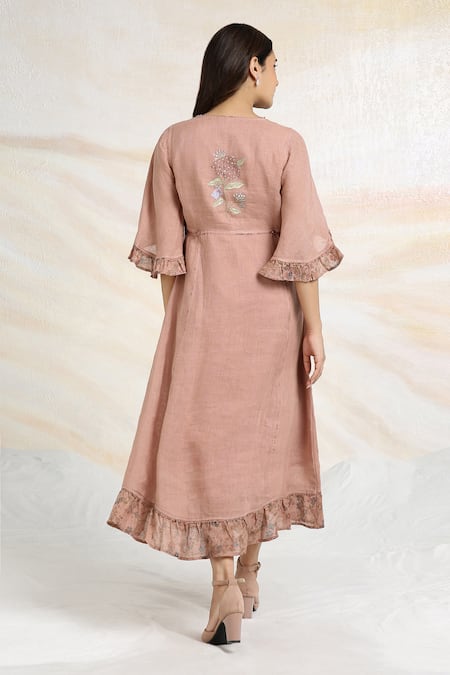 Shop_Kaveri_Pink Linen Tassels Round Neck Bed Of Roses Embroidered Dress _at_Aza_Fashions