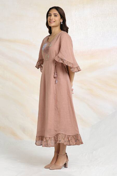 Kaveri_Pink Linen Tassels Round Neck Bed Of Roses Embroidered Dress _Online_at_Aza_Fashions