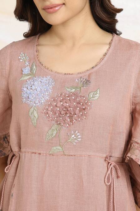 Buy_Kaveri_Pink Linen Tassels Round Neck Bed Of Roses Embroidered Dress _Online_at_Aza_Fashions