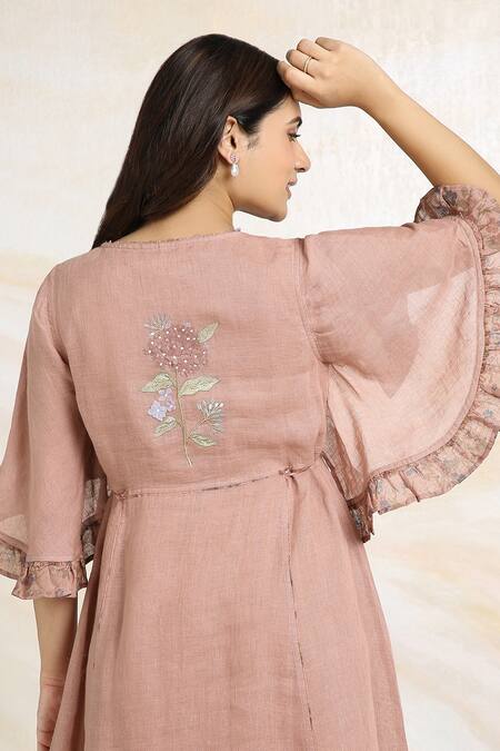 Shop_Kaveri_Pink Linen Tassels Round Neck Bed Of Roses Embroidered Dress _Online_at_Aza_Fashions