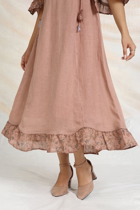 Kaveri_Pink Linen Tassels Round Neck Bed Of Roses Embroidered Dress _at_Aza_Fashions