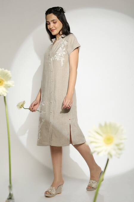 Kaveri_Beige Linen Embroidery Collared Wave Thread Shirt Dress _Online_at_Aza_Fashions