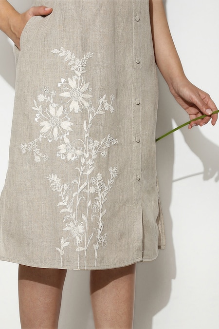 Shop_Kaveri_Beige Linen Embroidery Collared Wave Thread Shirt Dress _Online_at_Aza_Fashions