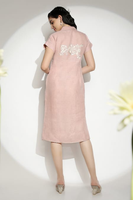 Shop Kaveri Pink Linen Embroidery Collared Wave Thread Shirt Dress at Aza Fashions Shop_Kaveri_Pink Linen Embroidery Collared Wave Thread Shirt Dress _at_Aza_Fashions