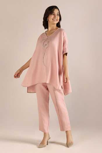 Buy Kaveri Pink Linen Embroidery, Foil Printing V-neck Body Top And Pant Set at Aza Fashions Buy_Kaveri_Pink Linen Embroidery, Foil Printing V-neck Body Top And Pant Set _at_Aza_Fashions