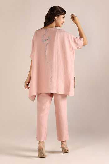 Shop Kaveri Pink Linen Embroidery, Foil Printing V-neck Body Top And Pant Set at Aza Fashions Shop_Kaveri_Pink Linen Embroidery, Foil Printing V-neck Body Top And Pant Set _at_Aza_Fashions